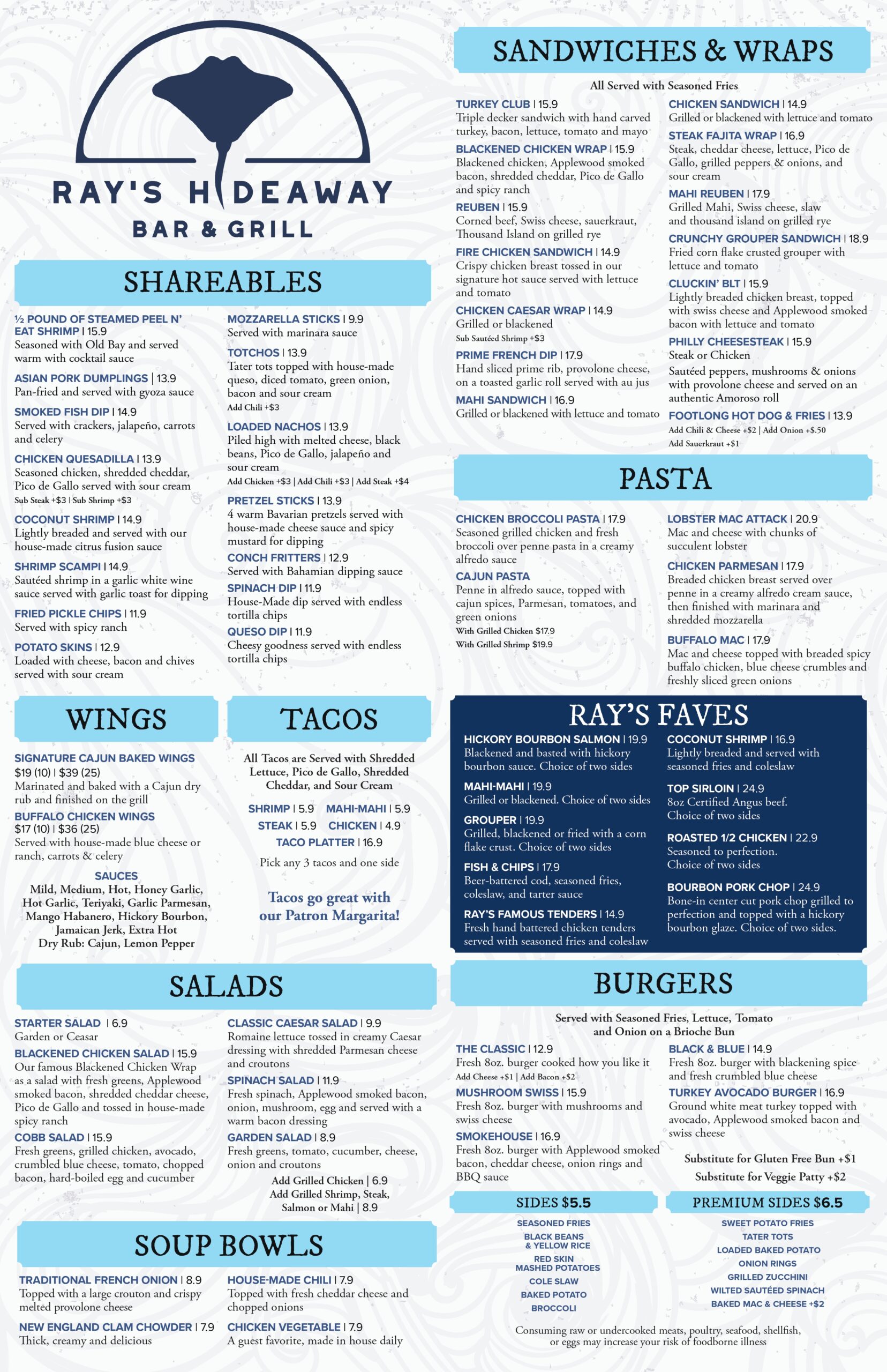 Ray Hideaway Main Menu - Food and Drinks