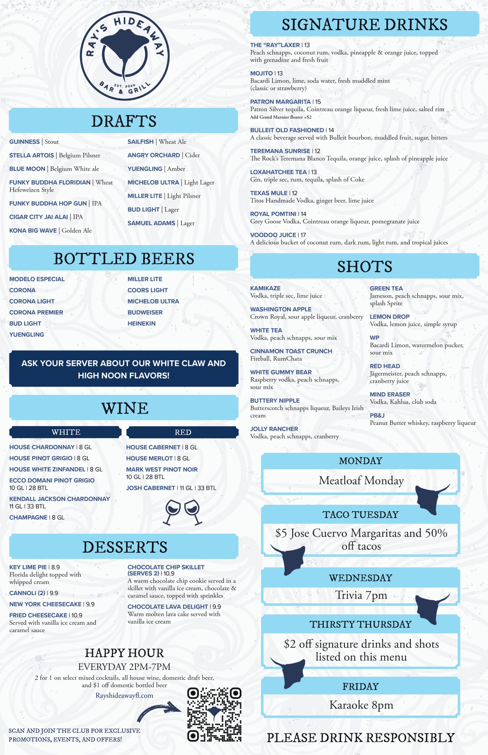 Ray Hideaway Main Menu - Food and Drinks